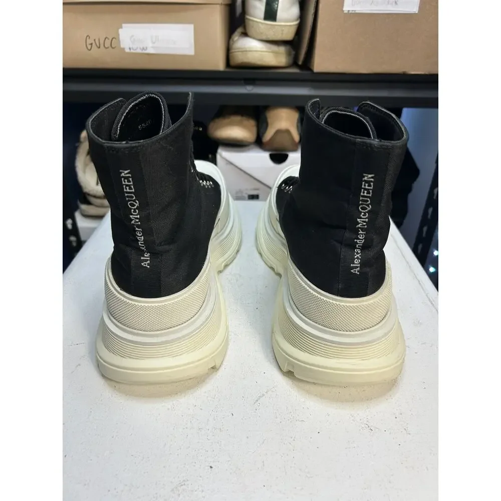 Alexander McQueen Tread Slick Lace Up Boot in black and white canvas Size 45